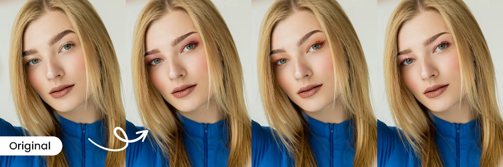 two before and after woman photos of using PhotoDirector to virtually try on eye makeup